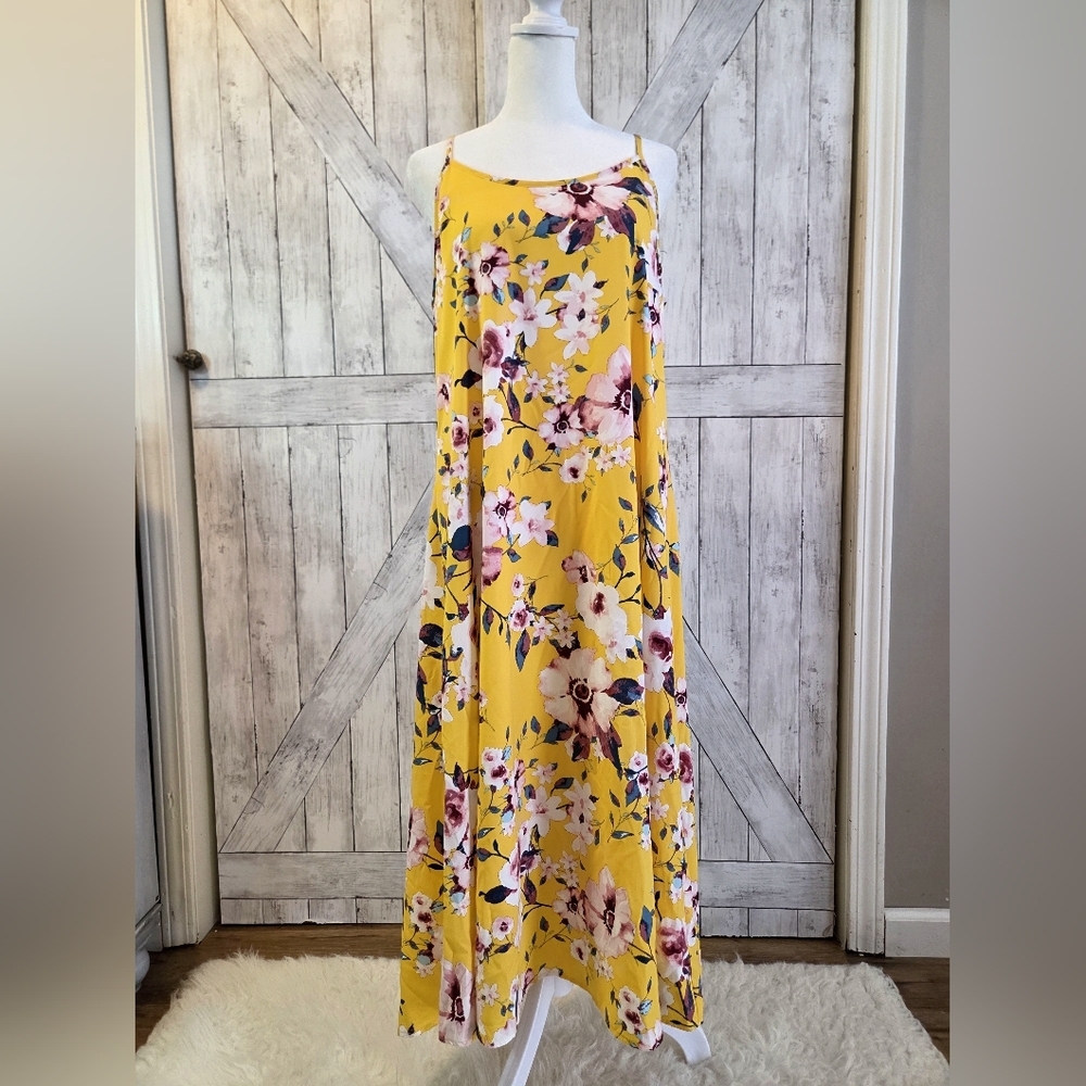Chris & Carol Bright Yellow Floral Maxi Dress with Pink & White Flowers NWOT